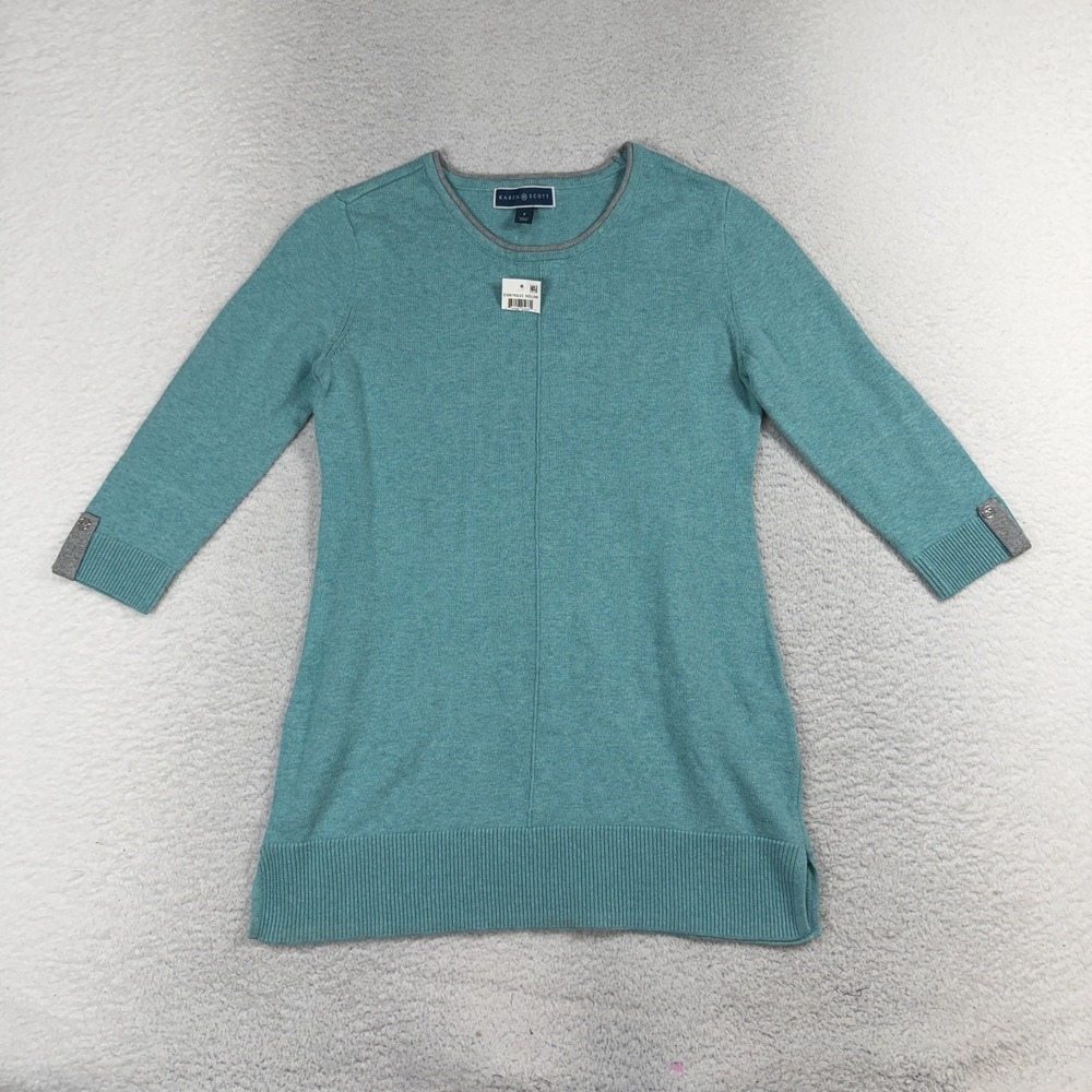 Karen Scott Women Small Blue 3/4 Sleeve Sweater NEW NWT Stretch Contrast Neck